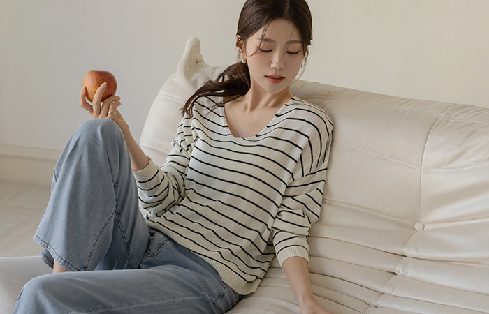 亚麻 苗条 宽松 V领 横条纹 针织衫