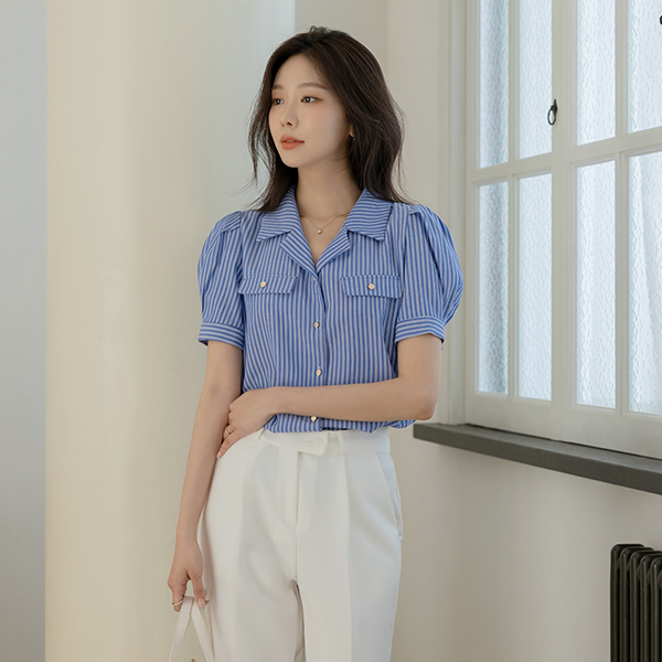 썸머리 条纹 泡泡袖 袖 罩衫