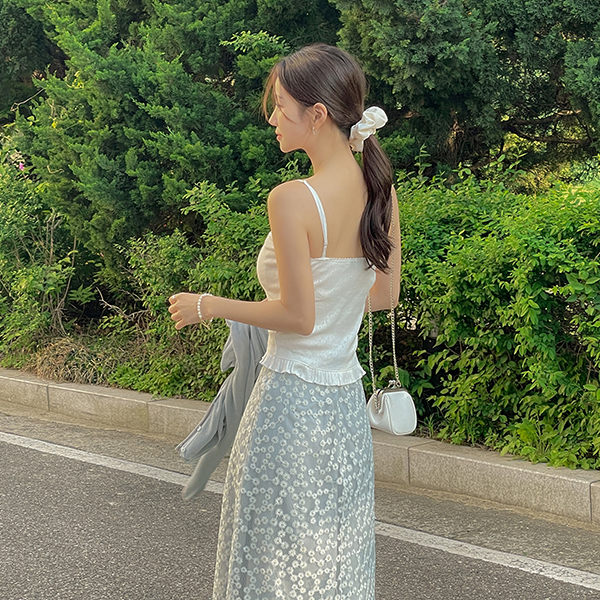 荷叶 印花 蕾丝领 吊带背心