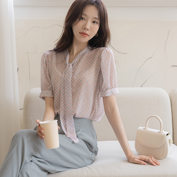 柔丝 格子 领带 罩衫