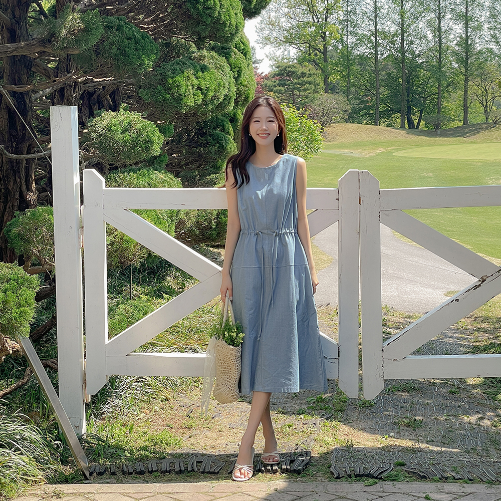 贝里 情调 抽绳 背心 牛仔色 连衣裙
