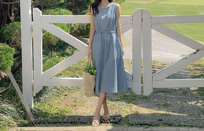 贝里 情调 抽绳 背心 牛仔色 连衣裙