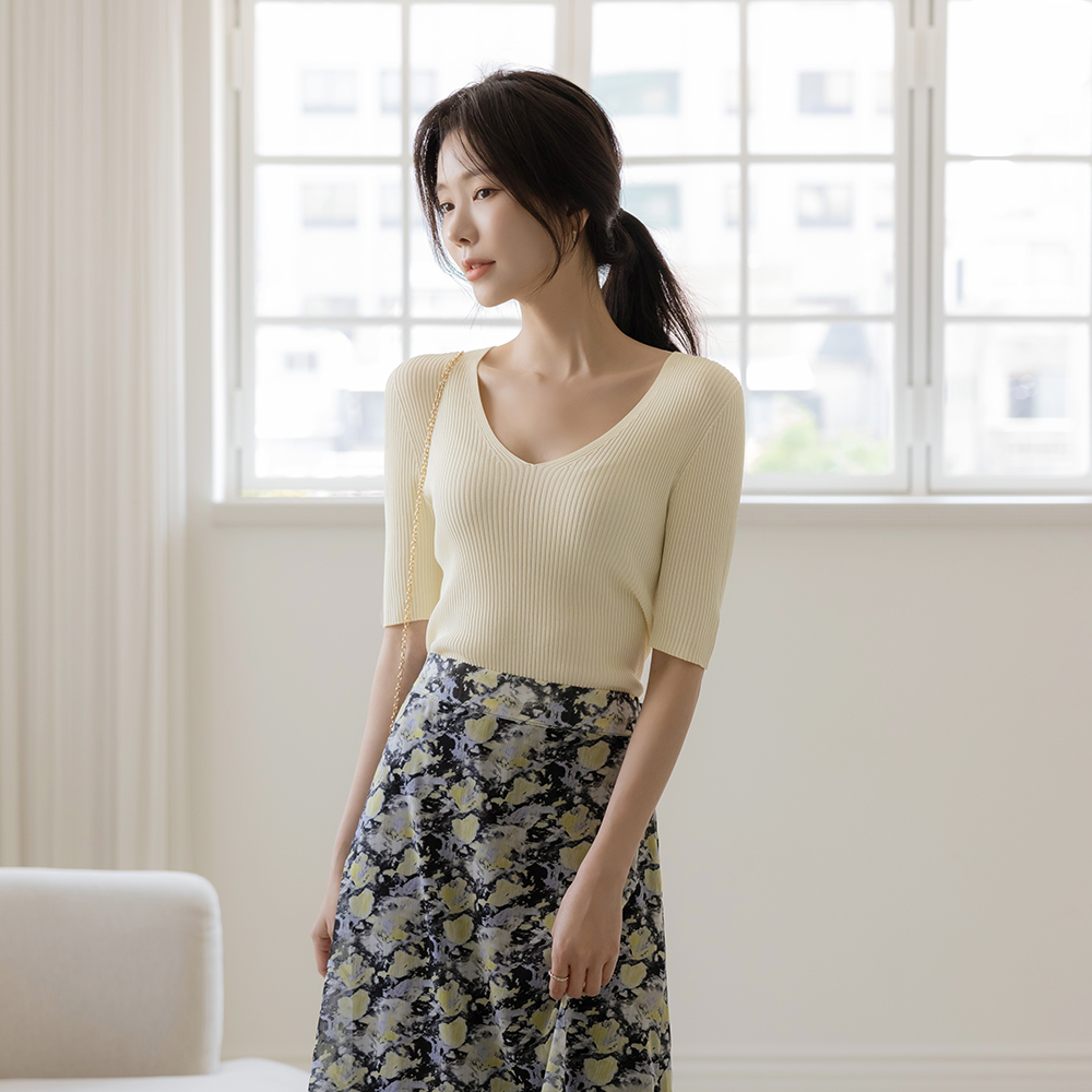 凉爽 Whole Garment V字领 条绒 针织衫