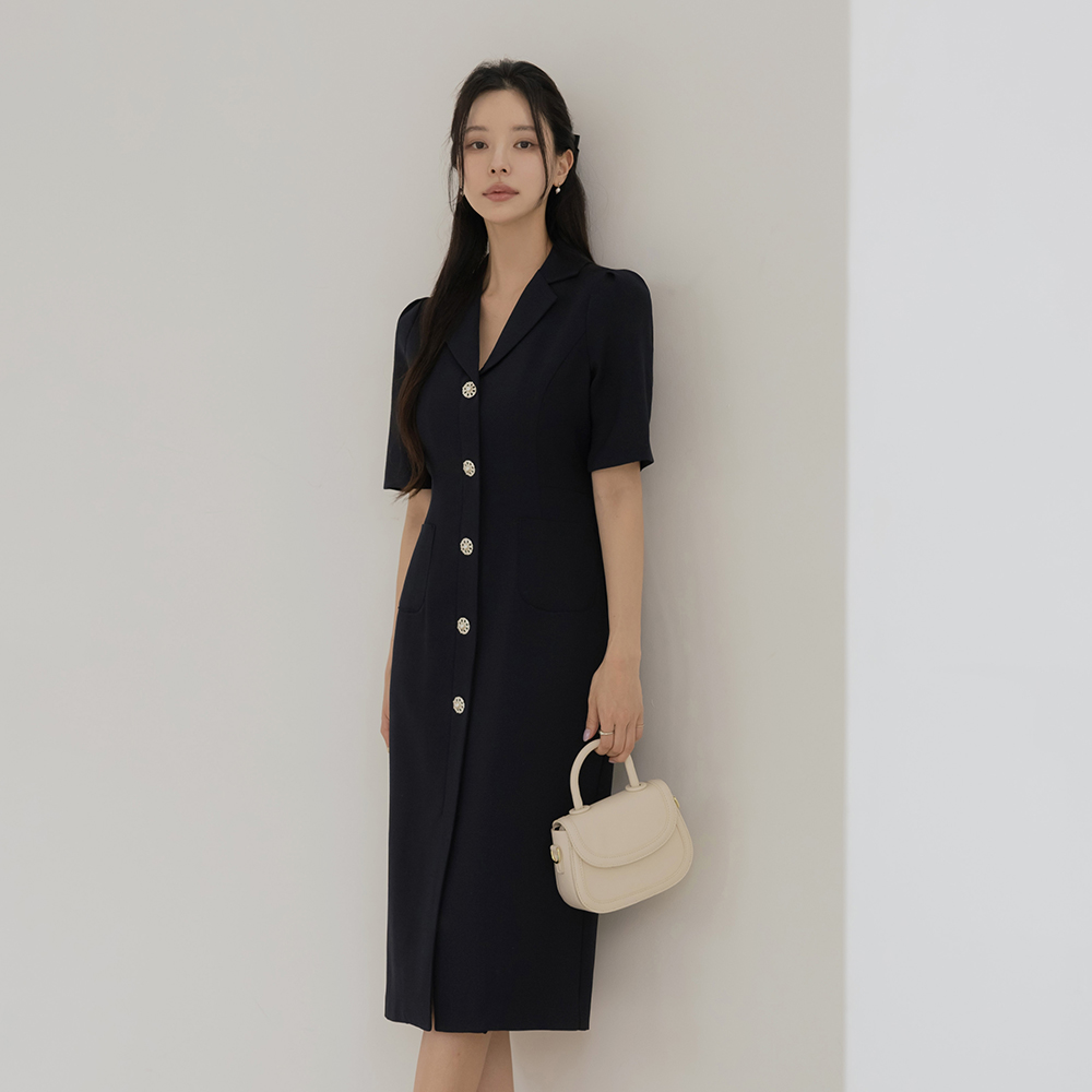 女性化的 翻领 夏天 粗呢 连衣裙