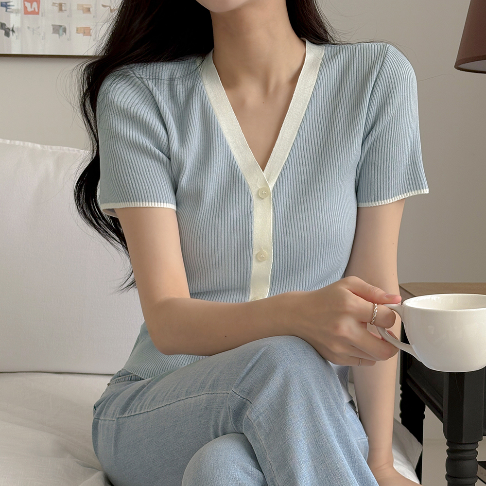 配色 V领 短袖 条绒 开衫