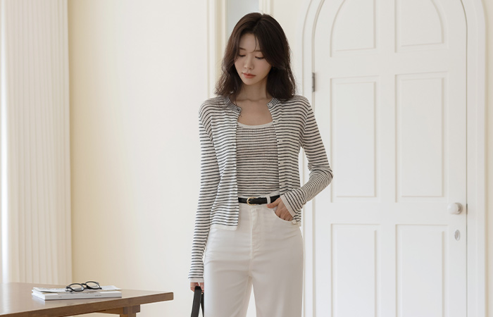 条纹 条绒 背心&开衫 SET