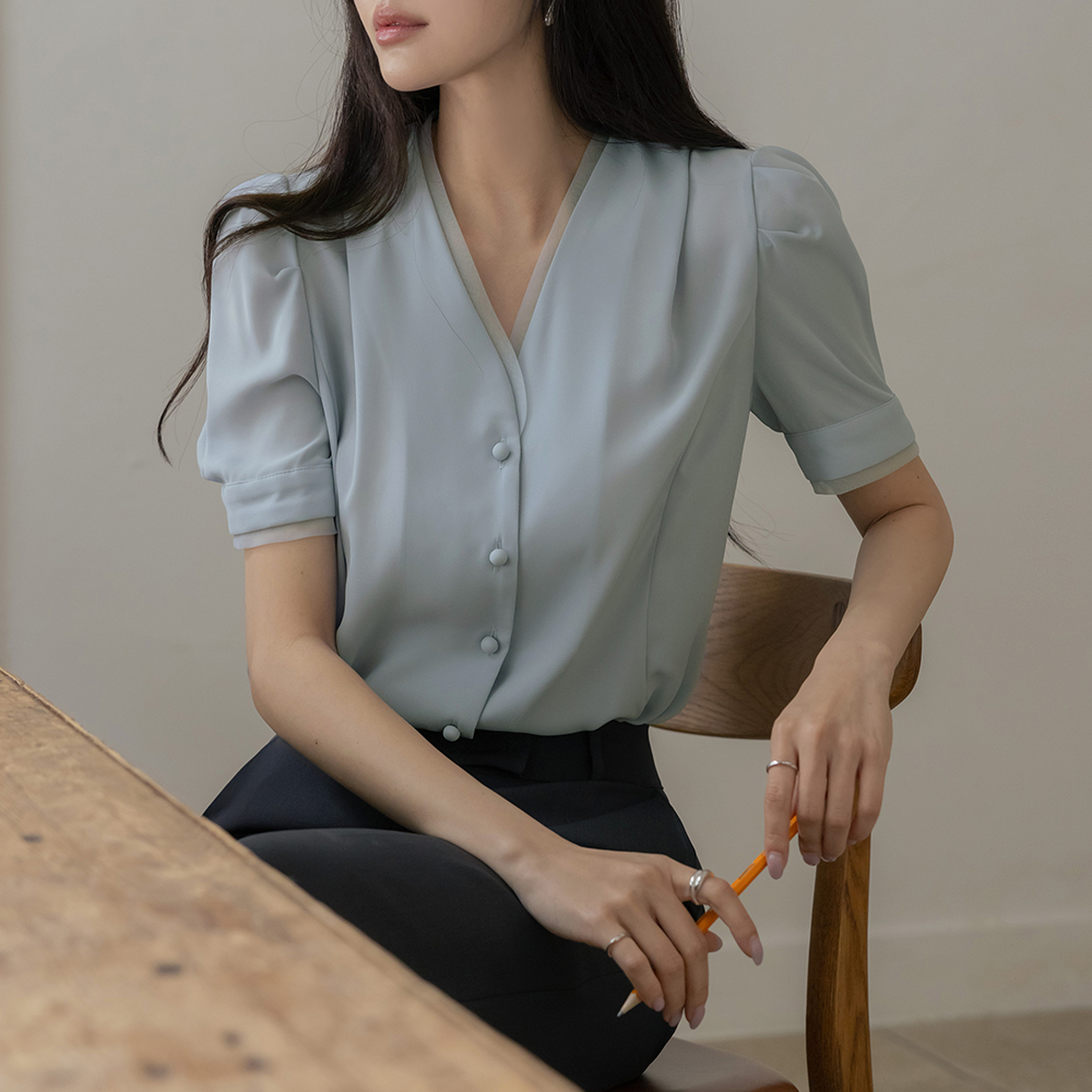 透明硬纱 配色 衬里 细褶 泡泡袖 罩衫