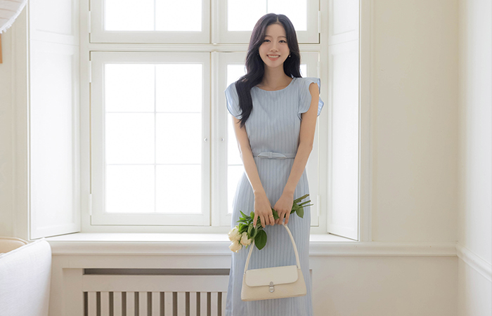 Ellin 荷叶边袖子 条纹 连衣裙(+腰带)