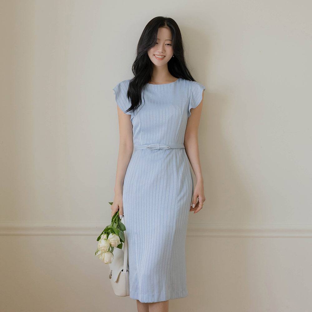 Ellin 荷叶边袖子 条纹 连衣裙(+腰带)
