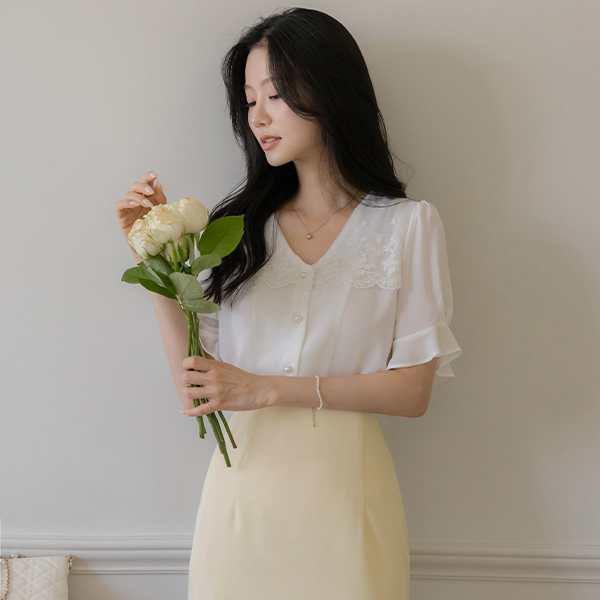 花纹 蕾丝 褶裥 袖 罩衫