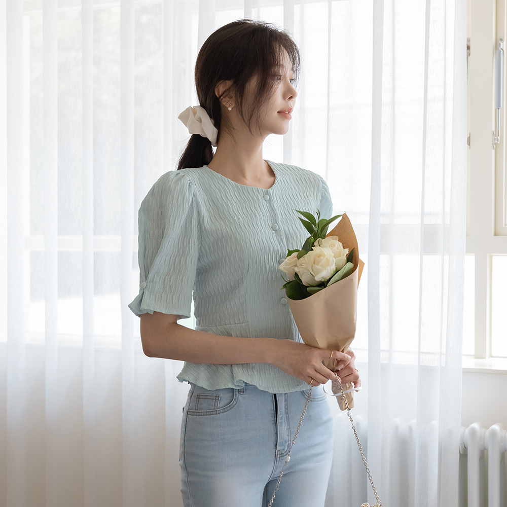  浪漫 去皱纹 荷叶边 罩衫