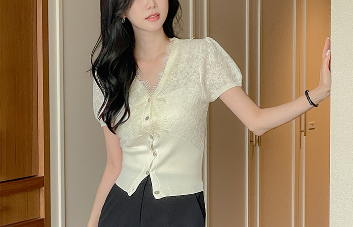 女性化的 蕾丝 短袖 开衫