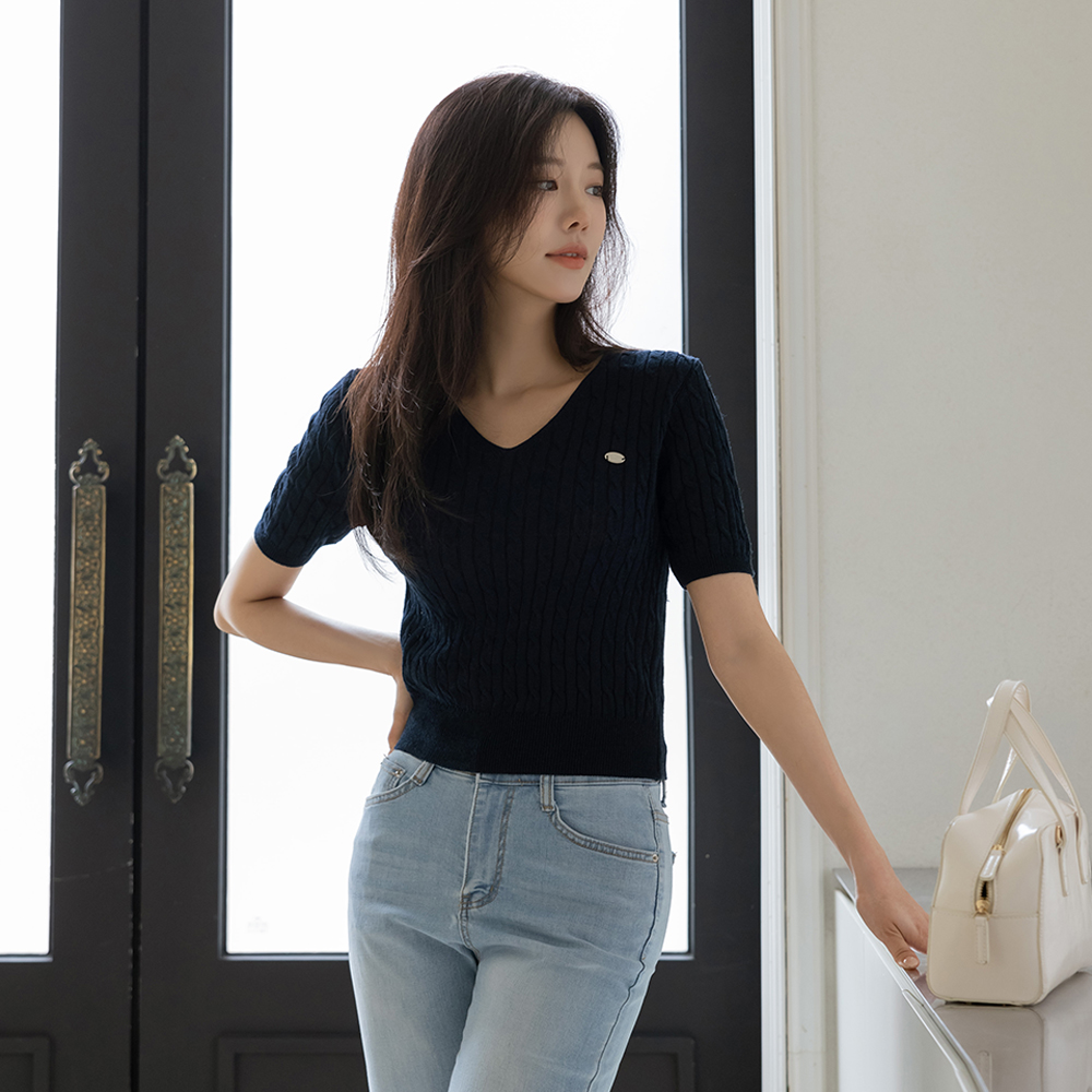 ODE 亚麻 V字领 麻花 挂坠 针织衫