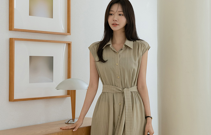 条纹 亚麻 领子 背心 连衣裙(+腰带)
