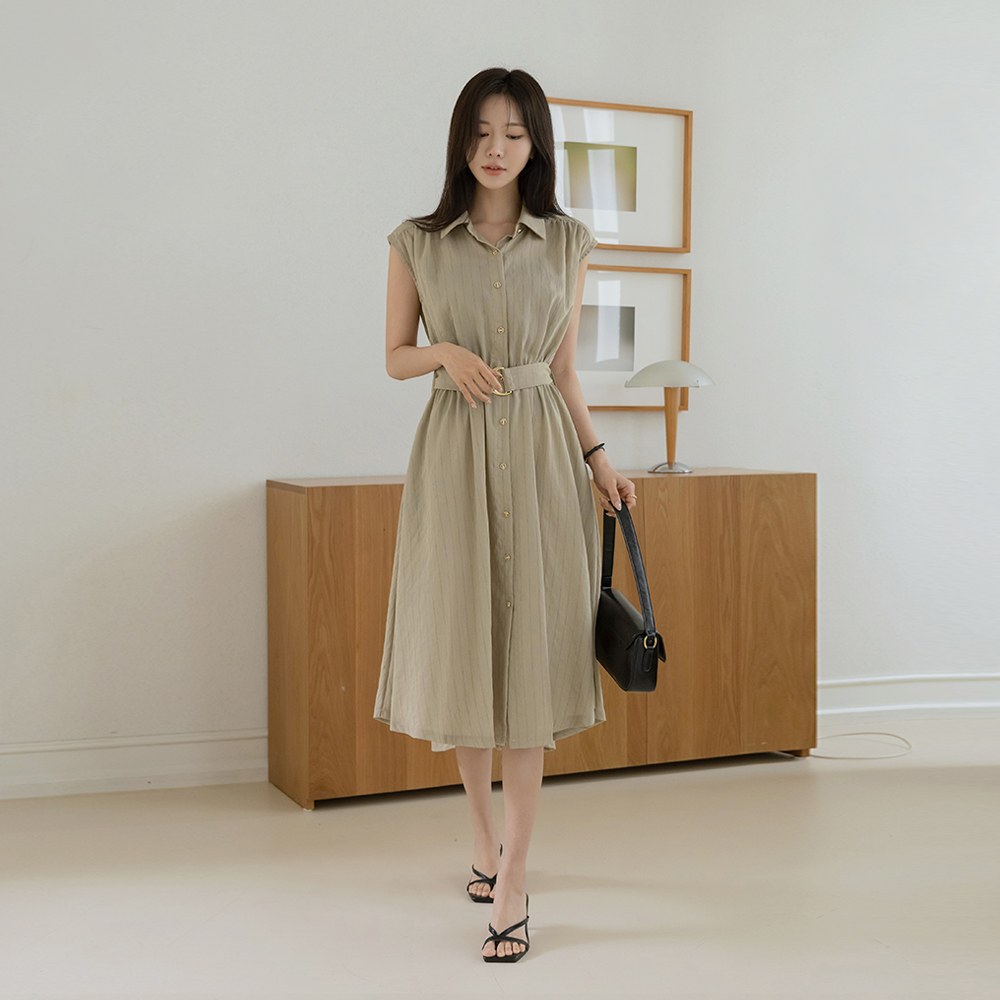 条纹 亚麻 领子 背心 连衣裙(+腰带)