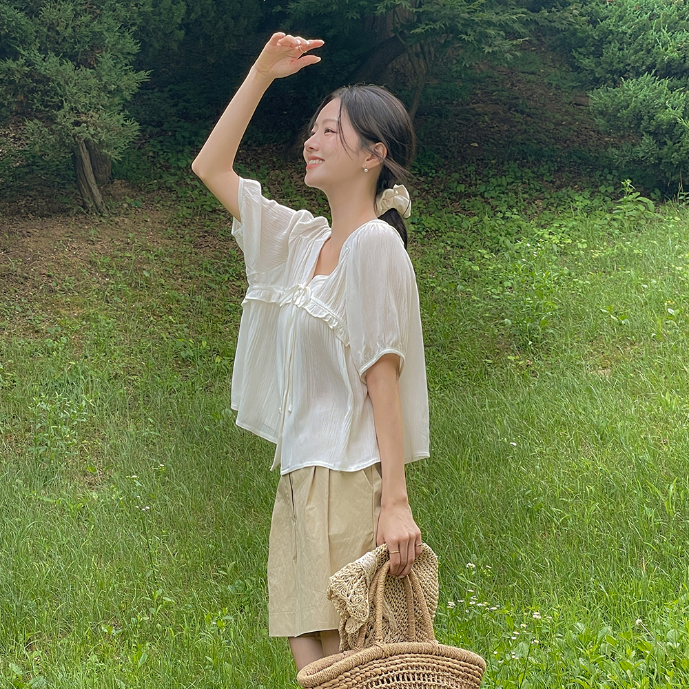 可爱 褶皱 荷叶 开叉 蝴蝶结 罩衫