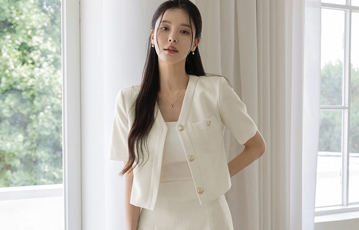 Jane 夏天 粗呢 7分裤 Set-up 夹克