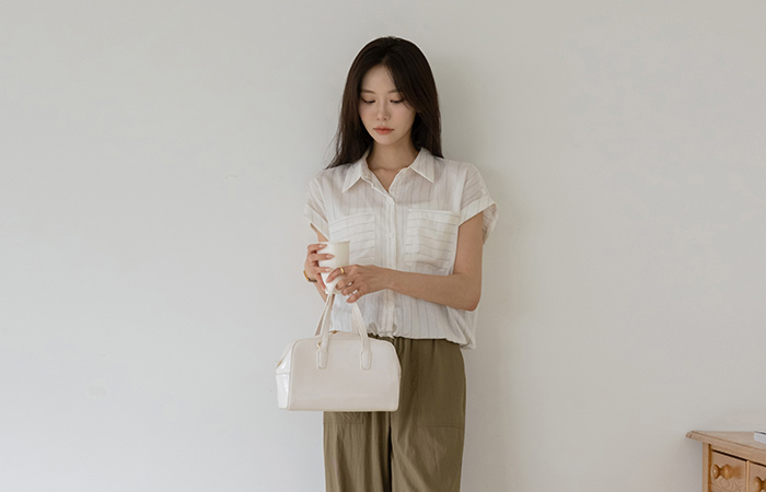 翻领 条纹 亚麻 抽绳 衬衫