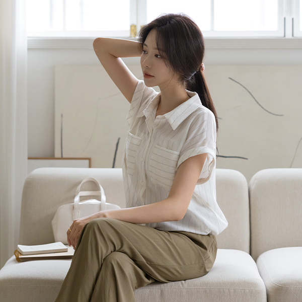 翻领 条纹 亚麻 抽绳 衬衫