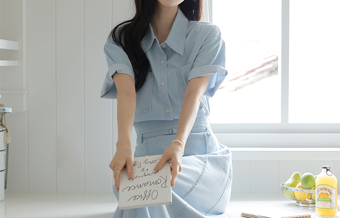 포카리 牛仔色 短袖 衬衫&裙子 SET(+腰带)