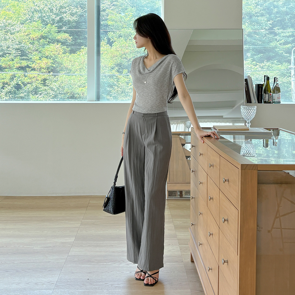 凉爽 去皱纹 细褶 宽松 后侧松紧带 宽松长裤