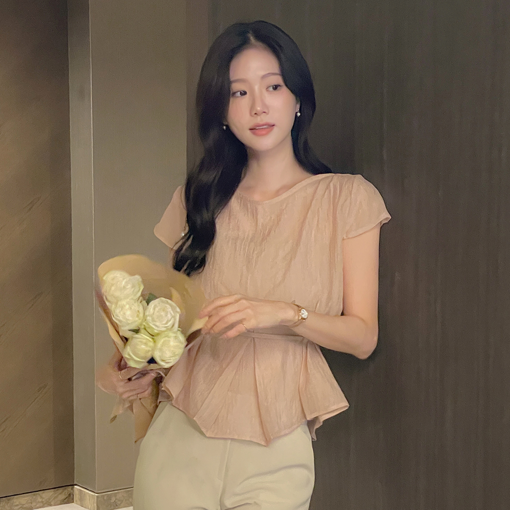 Ellin 褶皱 帽檐袖 罩衫(+腰带)
