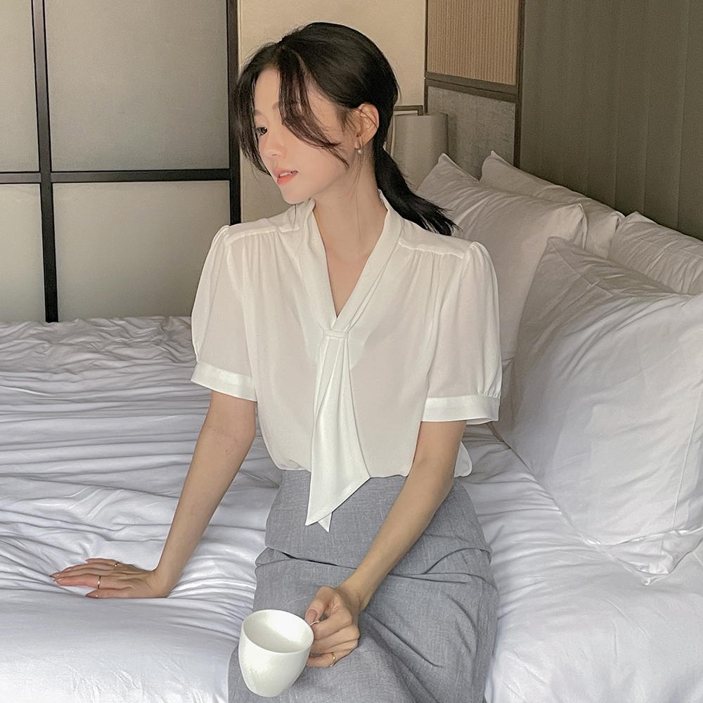 软绵绵软的 环 领带 5分 袖 罩衫