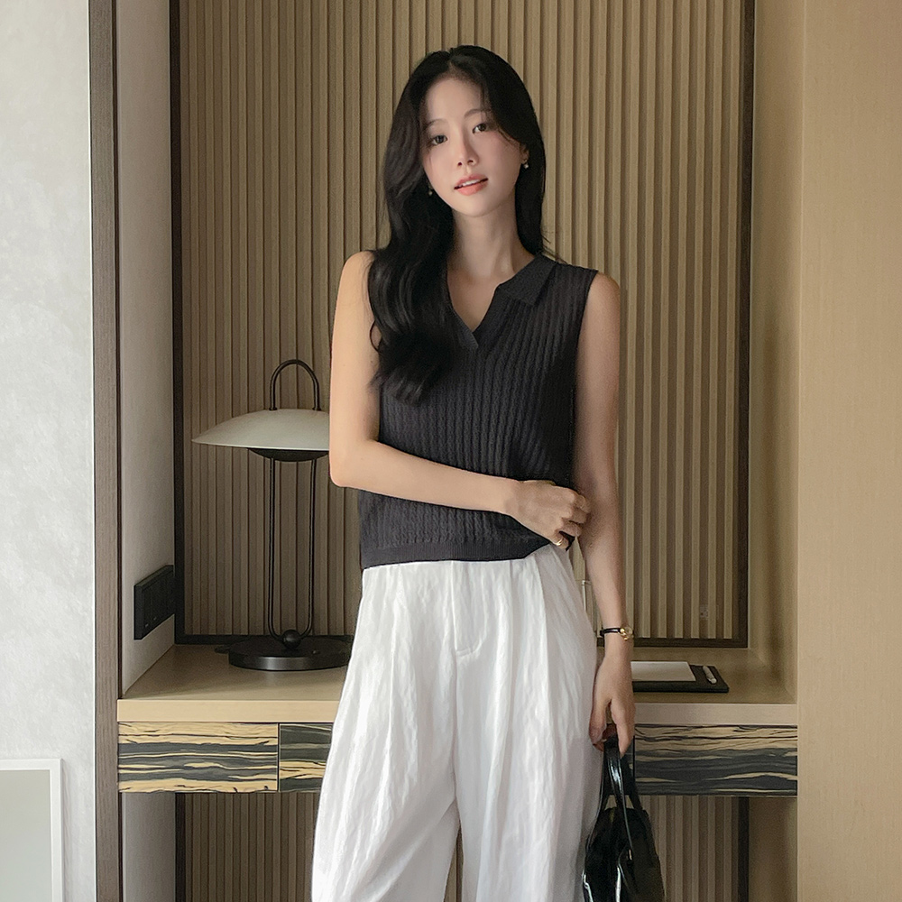 印花 翻领 亚麻 背心 针织衫
