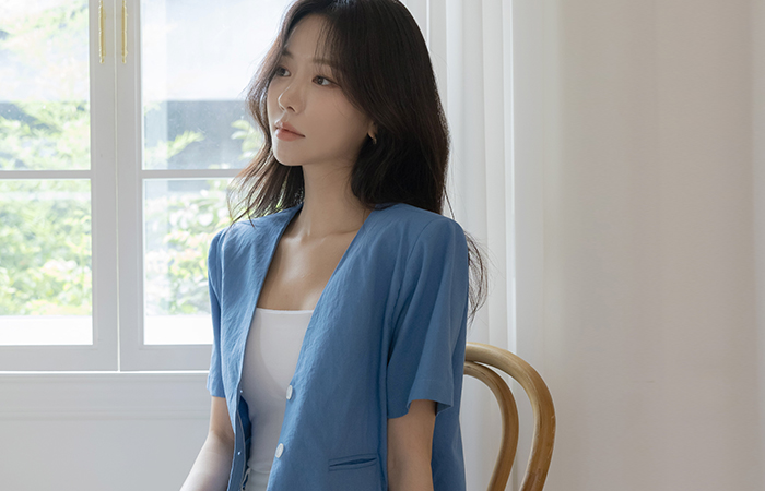 夏天 无领 亚麻 夹克