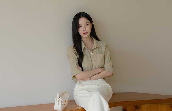 翻领 双口袋 罩衫
