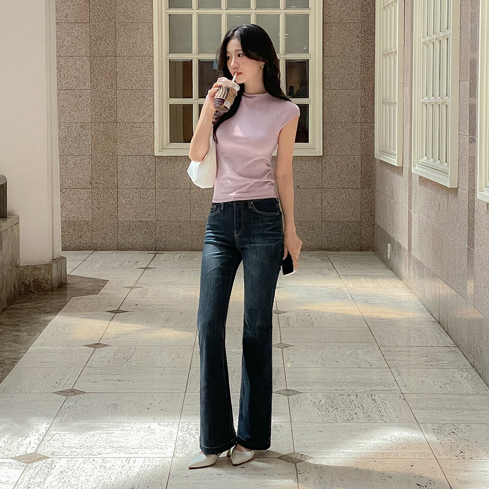 细密 里面松紧带 喇叭 牛仔色 裤子