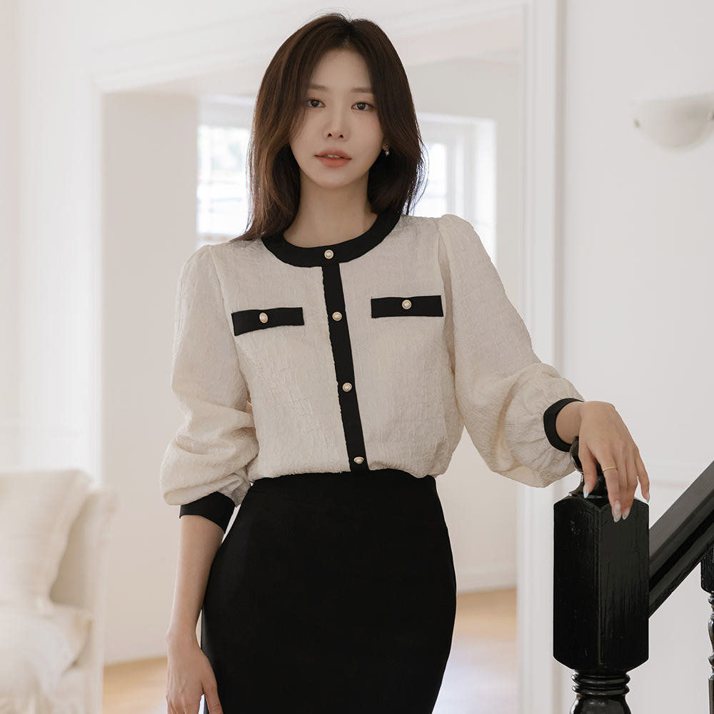 女性化的 配色 去皱纹 珍珠 罩衫