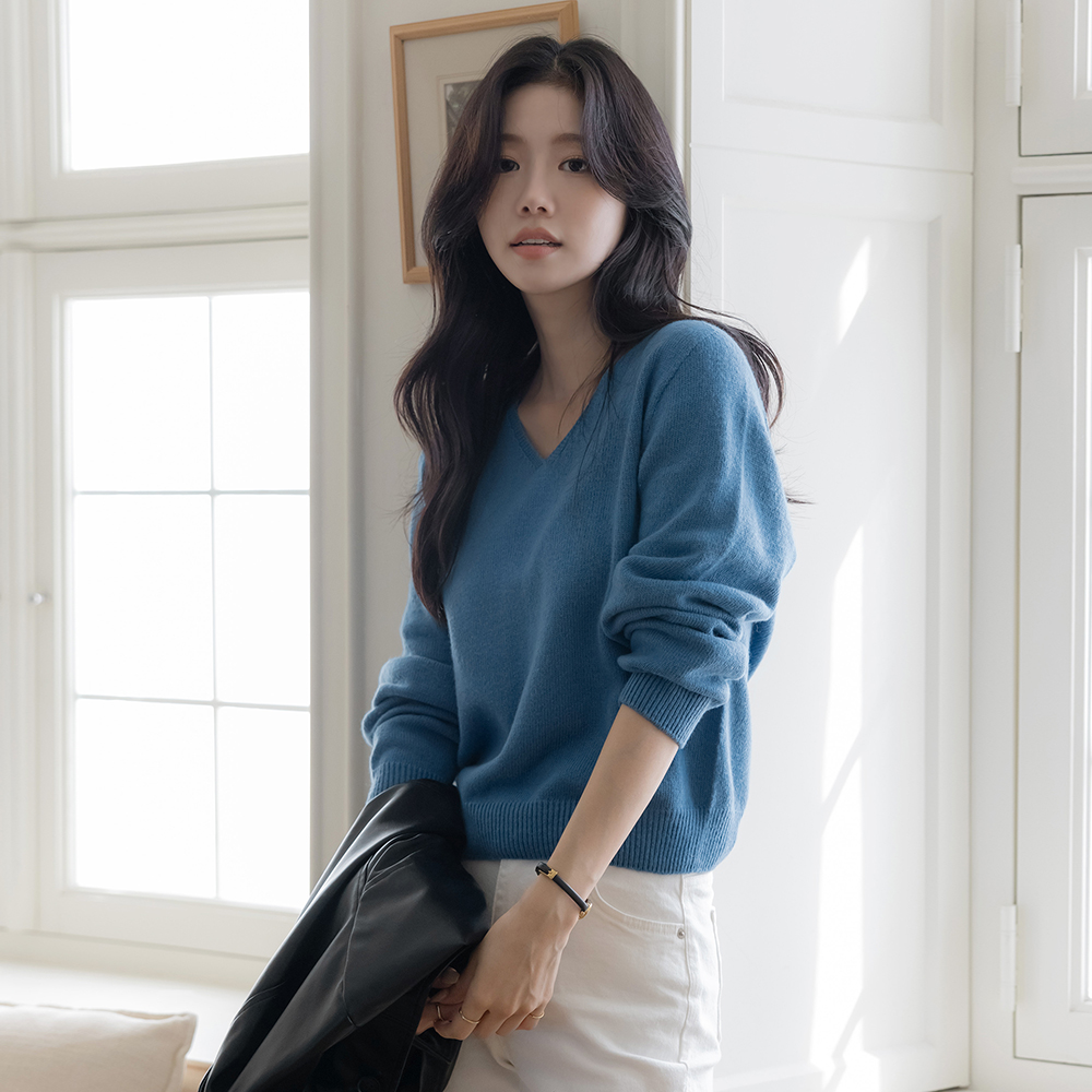 颜色 V字领 Whole Garment 羊毛 针织衫