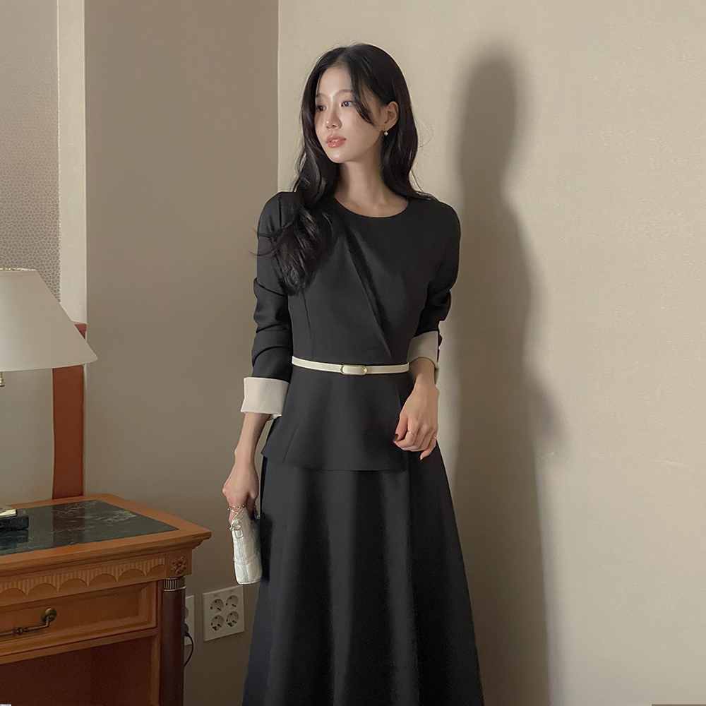 Roem 裹身风格 配色 连衣裙(+腰带)