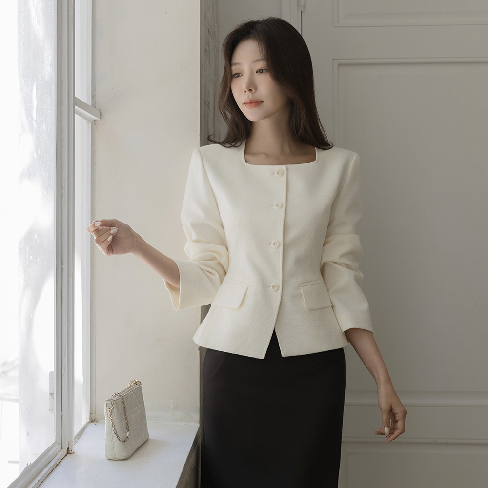 plain 方领 荷叶边 粗呢 夹克