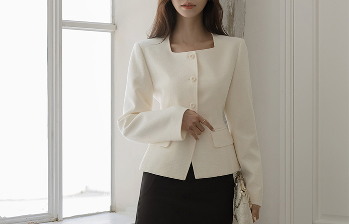 plain 方领 荷叶边 粗呢 夹克