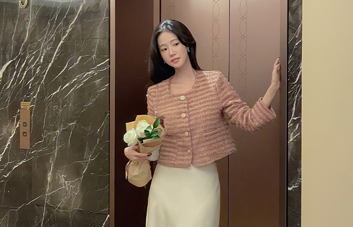 玫瑰 穗饰 粗呢 7分裤 夹克