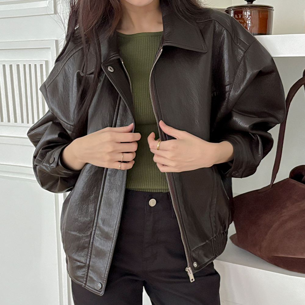 领子 拉链卫衣 비건 人造皮夹 夹克
