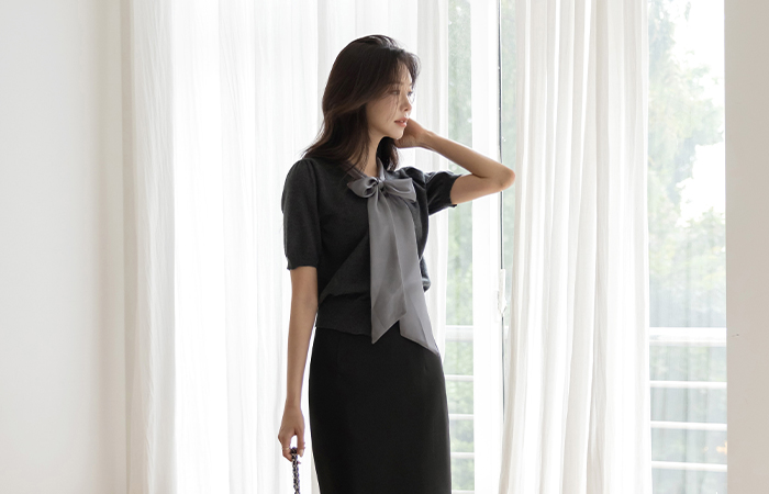 浪漫 蝴蝶结领口 珍珠 短袖 针织衫