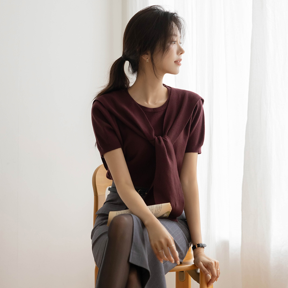 秋季 基本 短袖 针织衫&披巾 SET