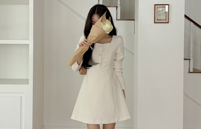 花束 粗呢 A字型 连衣裙(2type)