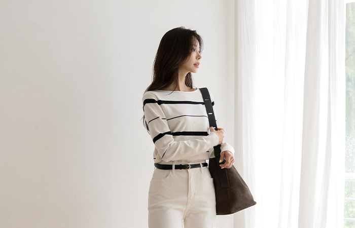 苗条 船形领 条纹 羊毛 针织衫