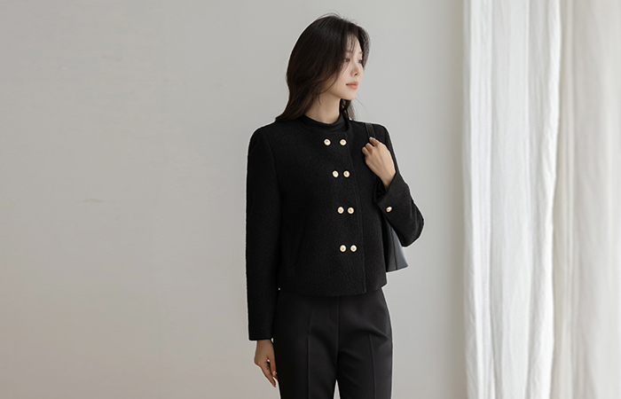 黄金 双 扣子 粗呢 羊毛 夹克