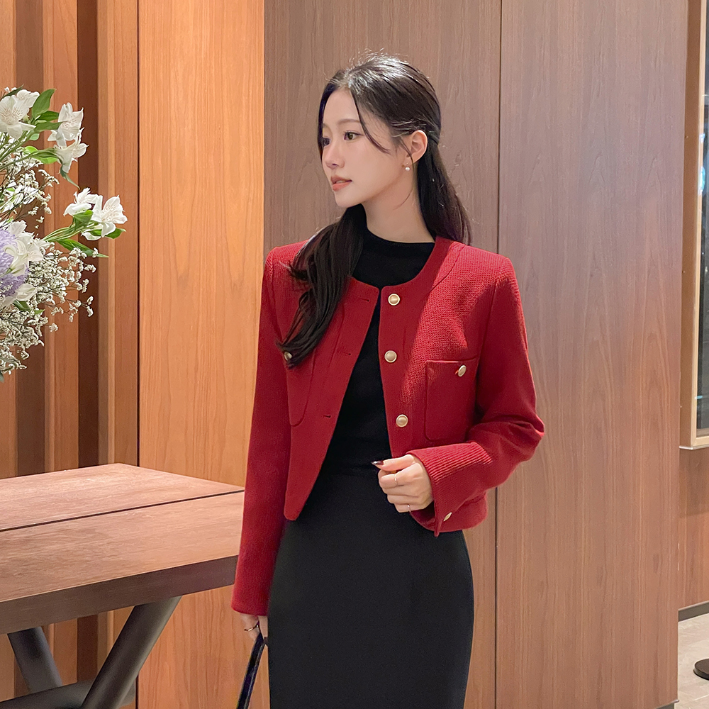 红宝石 休闲风格 7分裤 圆领 粗呢 夹克