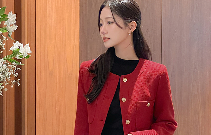 红宝石 休闲风格 7分裤 圆领 粗呢 夹克