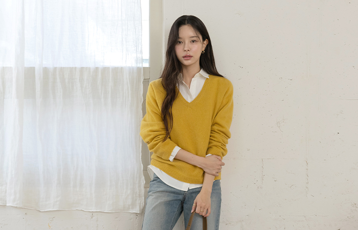 V字领 Whole Garment 羊毛 长袖 针织衫