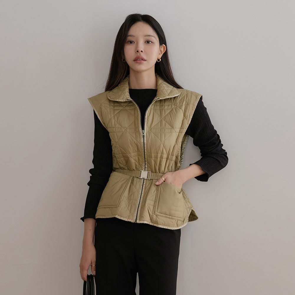 翻领 绗缝 拉链 羽绒服 马甲(+腰带)