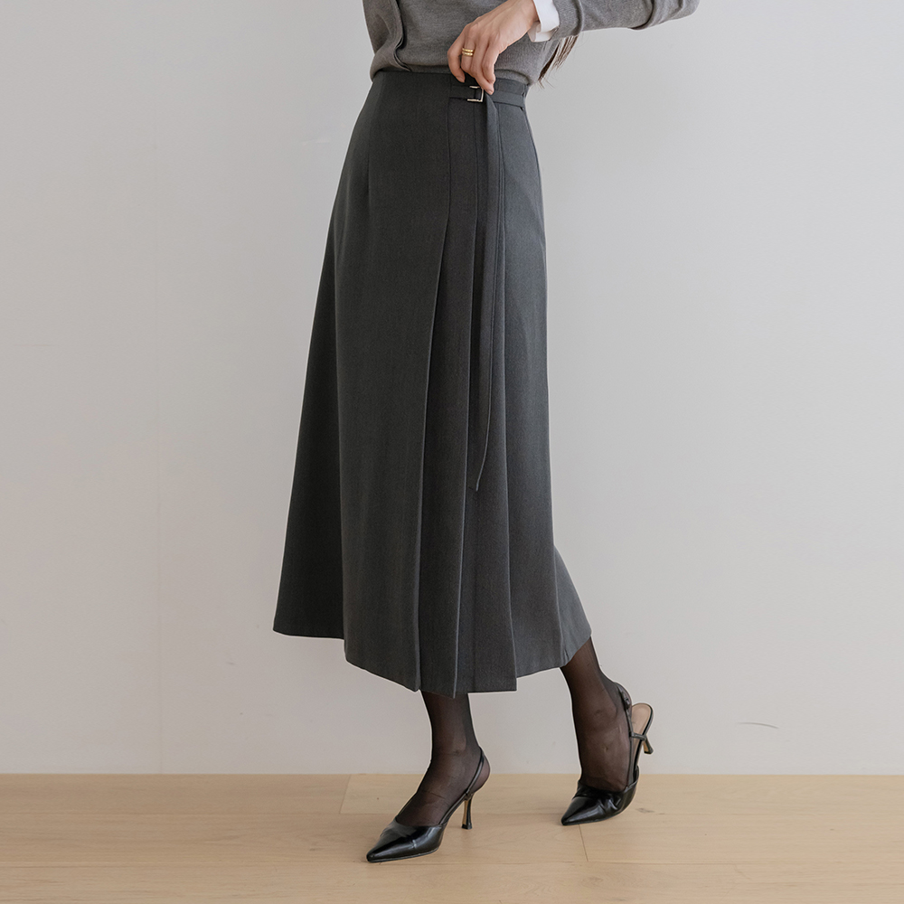 腰带 点缀 后腰松紧带 褶边 裙子