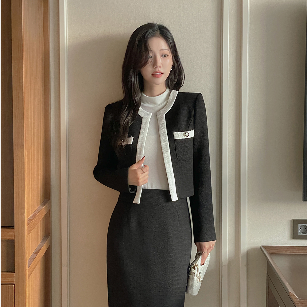 古典 配色 珍珠 粗呢 Set-up 夹克