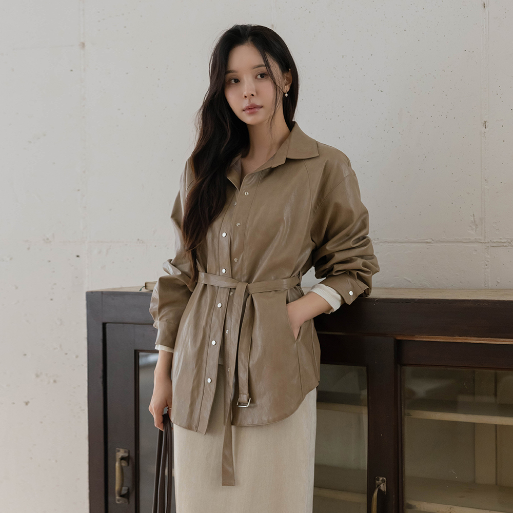 翻领 覆盖 人造皮夹 夹克(+腰带)